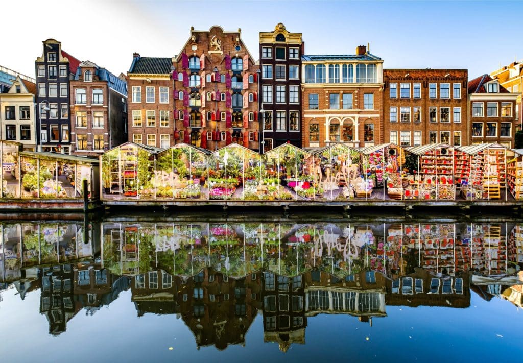 Colorful tulip stalls at Bloemenmarkt, the famous floating flower market in Amsterdam